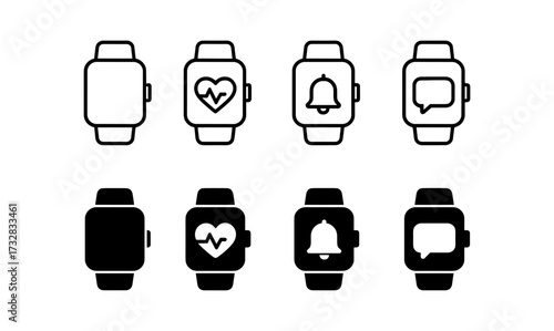 Minimalist smartwatch icons set for health and notifications