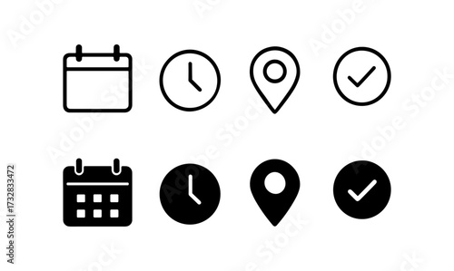 Minimalist line and solid icons set: calendar, clock, location, checkmark