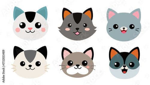 A set of cute cartoon cat faces. A collection of funny kitten emojis.