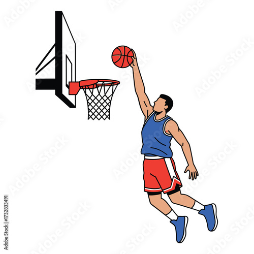 Dynamic basketball player performing a slam dunk above the hoop isolated on white background