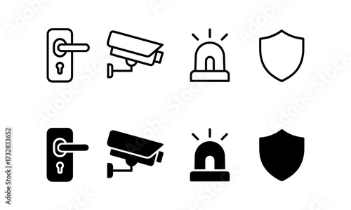 Security and safety icons set featuring lock, camera, alarm, and shield in minimalist style