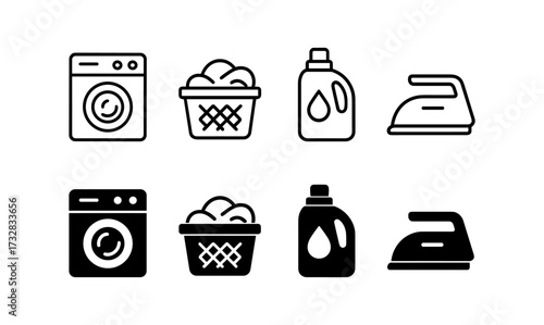 Laundry icons: washing machine, laundry basket, detergent, iron in flat and silhouette styles