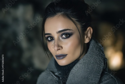 Woman with dark eye makeup ...