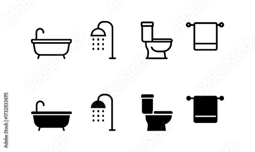Minimalist bathroom icons: bathtub, shower, toilet, towel in black and white
