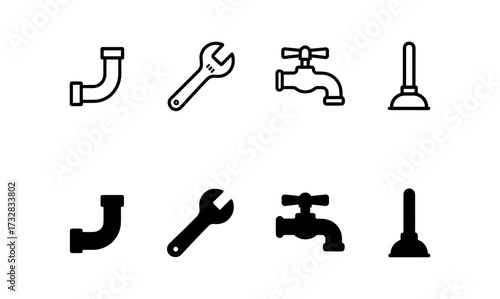 Essential plumbing tools and equipment icons in minimalist style