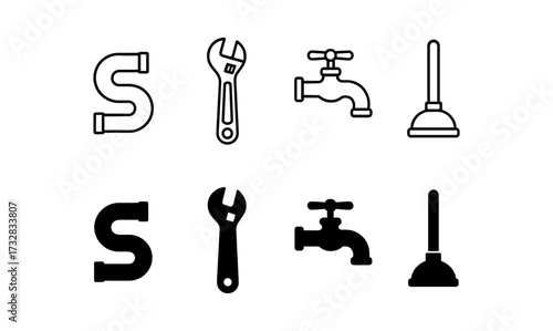 Plumbing tools and pipe icons set: minimalist line and solid style