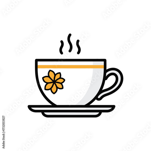 A white ceramic teacup with an orange floral design and steam rising isolated on white background