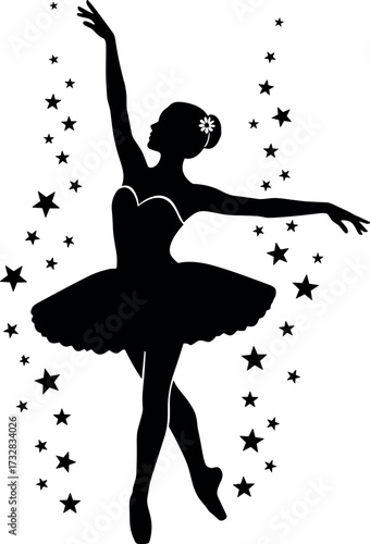 Elegant ballerina silhouette in graceful dance pose with tutu and stars, perfect for ballet, performance, art, and decorative themes.
