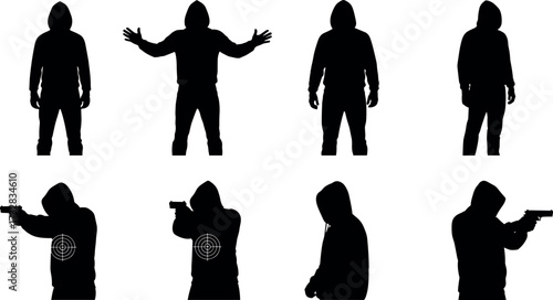 Hooded figure silhouette set with handgun poses, target symbols, and various stances for threat detection and tactical training design.