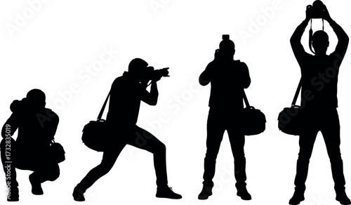 Photographer silhouette in dynamic camera poses with shoulder bag, capturing moments in action, squatting, lunging, standing, overhead shot angles