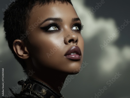 Young woman gazes upward, s...