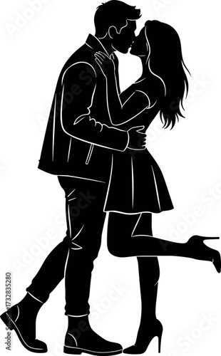 Romantic couple kissing silhouette, love pose illustration, black and white vector art for Valentine’s Day, relationship, passion, intimacy scene
