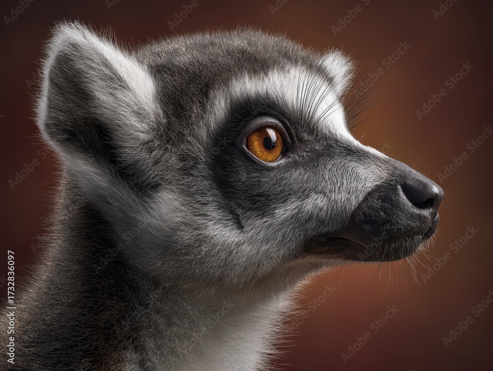 Fototapeta premium Profile view of a lemur with intense amber eyes, distinct black and white facial markings, and soft fur details. Its gaze appears focused and alert, creating a captivating portrait