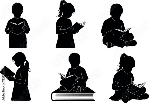 Silhouette children reading books in various poses, educational concept, kids learning, literacy promotion, school library, black vector illustration