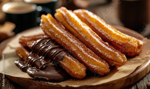 Delicious churros coated with sugar and cinnamon, served with chocolate sauce