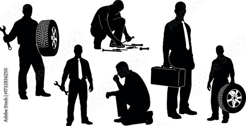 Silhouette mechanics in formal attire performing car repair tasks, automotive maintenance, tire service, toolbox handling, wrench work, professional technician concept