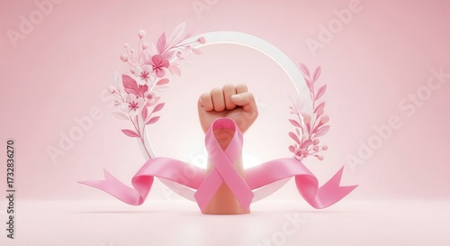 Pink ribbon and fist symbol for breast cancer awareness and support