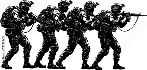 Silhouette of Armed Soldiers in Tactical Formation with Night Vision Gear Advancing in Combat Mission for Military Operation Vector
