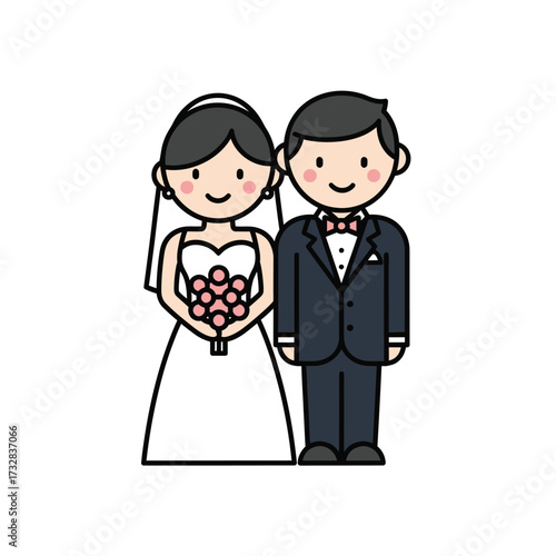 Happy cartoon bride and groom in formal attire holding a bouquet isolated on white background