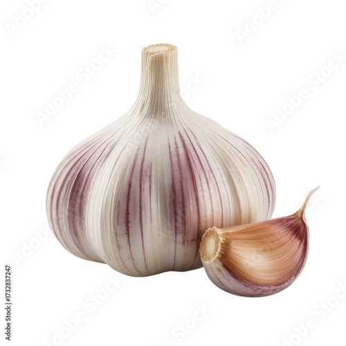 Whole Garlic Bulb and Clove Isolated on White Background