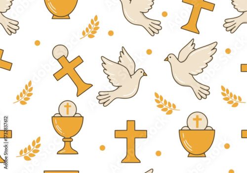 Seamless Pattern with Christian Religion Icons – Vector Illustration of Dove, Chalice, and Cross, Perfect for Wrapping Paper, Greeting Cards, and Religious Invitations 