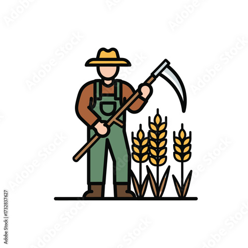 Cartoon farmer with scythe standing in wheat field isolated on white background