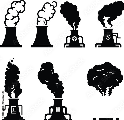 Industrial factory chimneys with smoke pollution, power plant emissions, air pollution illustration, toxic energy production, environment