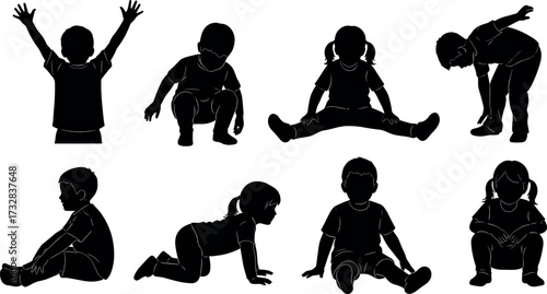 Silhouette set of children in various playful poses, crawling, sitting, squatting, bending, exploring movement and posture for child development concepts