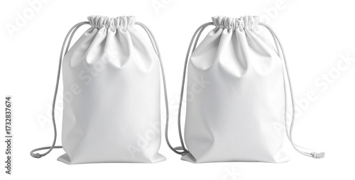 Two white drawstring bags isolated on transparent background