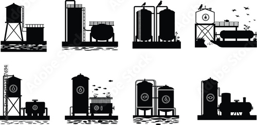 Industrial water treatment plant silhouette, environmental facility icon set, purification tanks, eco infrastructure, wastewater management system