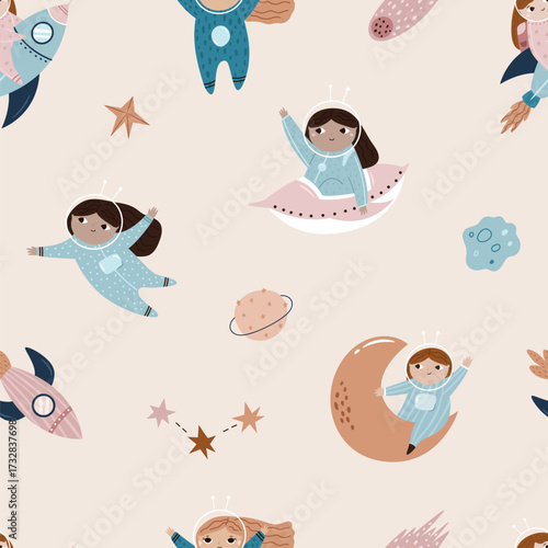 Seamless Cosmic Pattern with Cute Astronaut Girls, Rockets Planets Stars and Space Elements