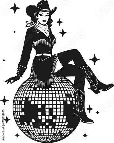 Vintage Cowgirl Sitting on Disco Ball – Retro Western Pin-Up Girl Black and White Vector Icon
