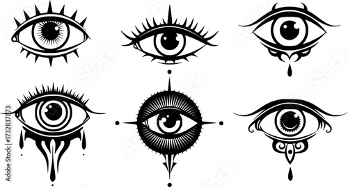 All-Seeing Eye Icon – Symbol of Enlightenment, Spiritual and Mystical Vector Illustration, Occult and Esoteric Design, Eye Logo for Print, Digital, and Branding Use, Tribal Tattoo Vector Set