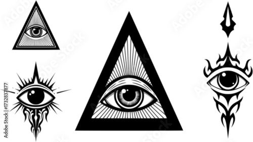 All-Seeing Eye Icon – Symbol of Enlightenment, Spiritual and Mystical Vector Illustration, Occult and Esoteric Design, Eye Logo for Print, Digital, and Branding Use, Tribal Tattoo Vector Set