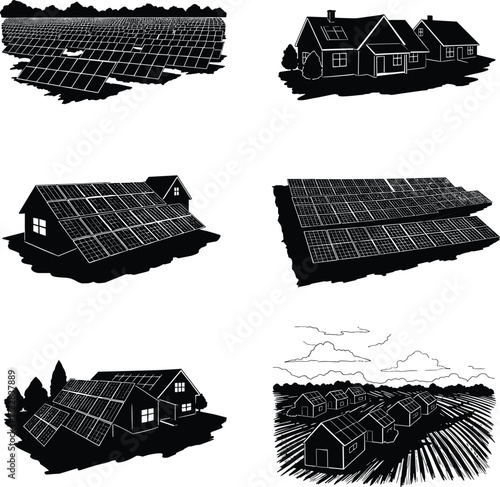 Solar panels on rooftops and fields, renewable energy houses, eco friendly homes, clean power technology, sustainability