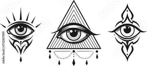 All-Seeing Eye Icon – Symbol of Enlightenment, Spiritual and Mystical Vector Illustration, Occult and Esoteric Design, Eye Logo for Print, Digital, and Branding Use, Tribal Tattoo Vector Set