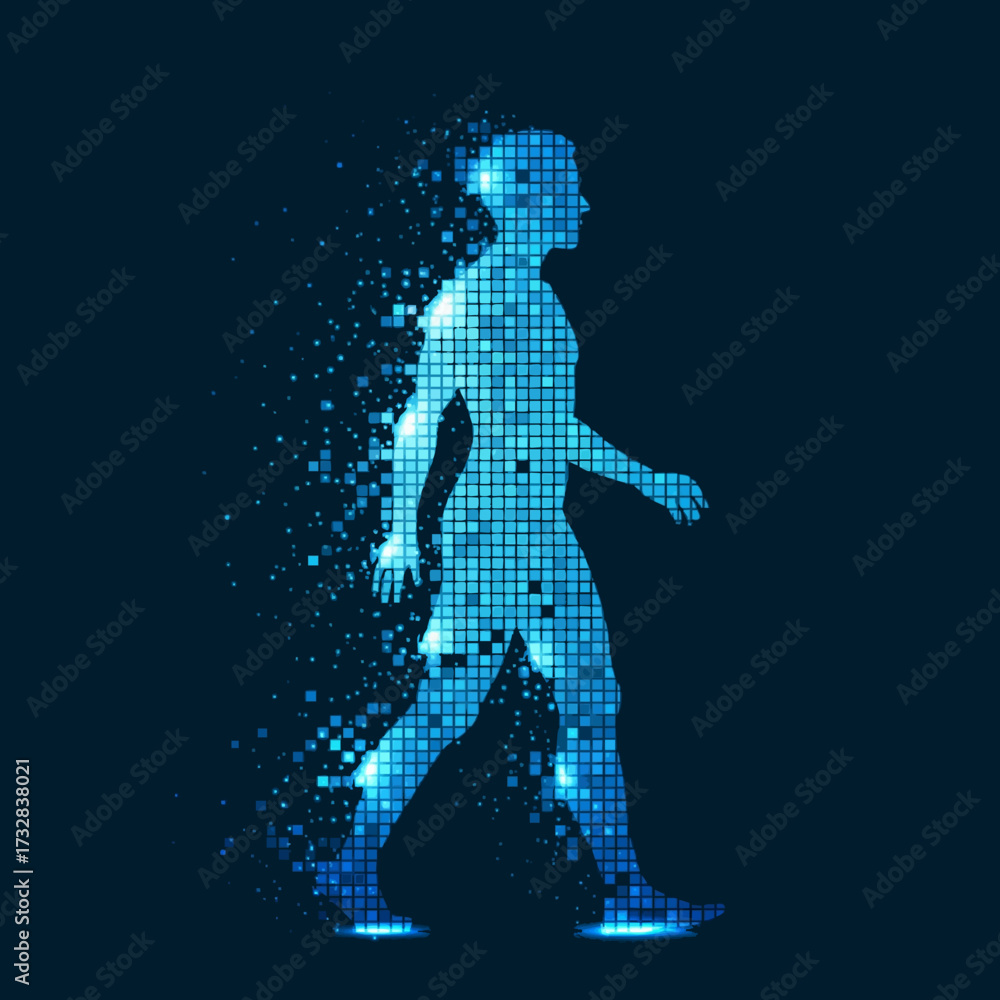 Fototapeta premium Side view of a male silhouette in motion, disintegrating into a cloud of glowing digital data particles on a dark background