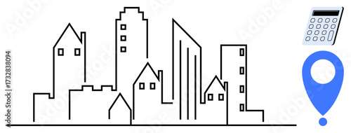 Cityscape with varied building outlines, a calculator, and a location pin. Ideal for real estate, urban planning, financial analysis, navigation, investment strategy, data management spatial