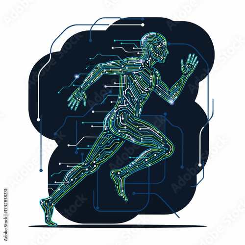 Futuristic illustration of a human figure in a running motion, composed of intricate electronic circuit board patterns