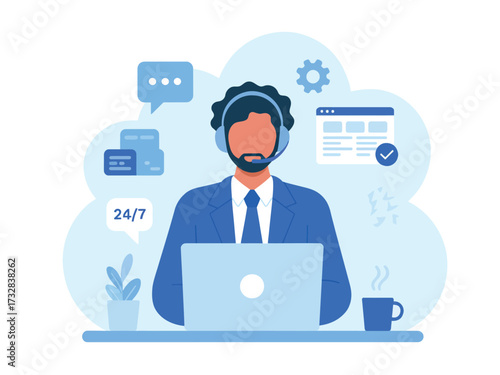 Professional support agent with headset and laptop for customer service and business solutions isolated on white background