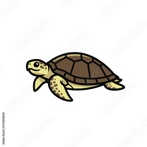 Cute cartoon sea turtle swimming gracefully isolated on white background with detailed shell and flippers