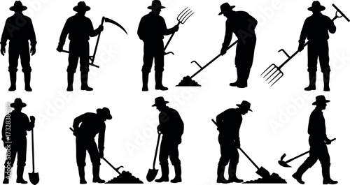 Silhouettes of Farmers with Traditional Tools Working in Agriculture Fields – Farming Labor, Rural Lifestyle, Agricultural Occupation Vector Set