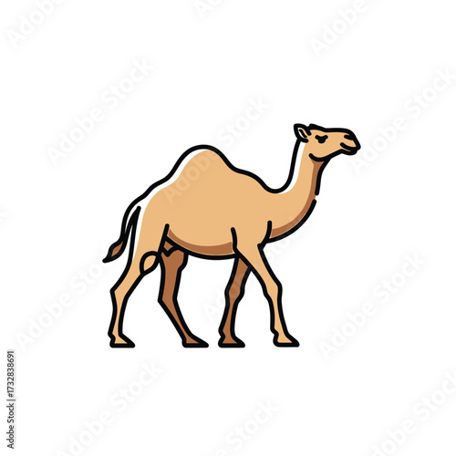 A stylized depiction of a dromedary camel walking with a single hump isolated on white background