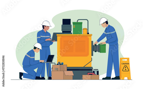 Industrial maintenance team collaborates on machine repair in factory setting with safety gear isolated on white background