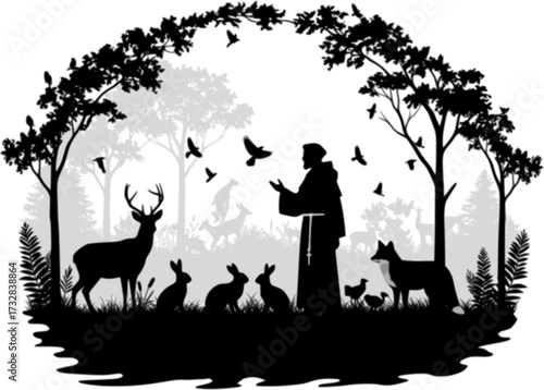 Silhouette Vector, Saint Francis of Assisi with Animals Vector Illustration – Christian Artwork of Saint in the Woods with Birds and Wildlife
