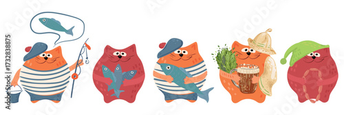 A set of cute cats with various hobbies: fisherman, sailor, sausage lover, beer lover, sauna lover, and relaxer. A funny character for a mascot. Vector image for stickers, design, and cards.