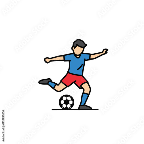 Stylized cartoon person in blue shirt and red shorts kicking a soccer ball isolated on white background