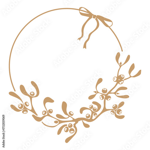A Christmas botanical frame with golden mistletoe branches and a ribbon bow. Festive illustration with leaves and berries. Vintage-style drawing. Vector image for frames, borders, and New Year's decor