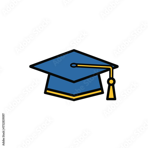 A blue graduation cap with a yellow tassel and trim isolated on white background