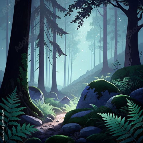 Mossy forest clearing with ferns and soft light through tall trees